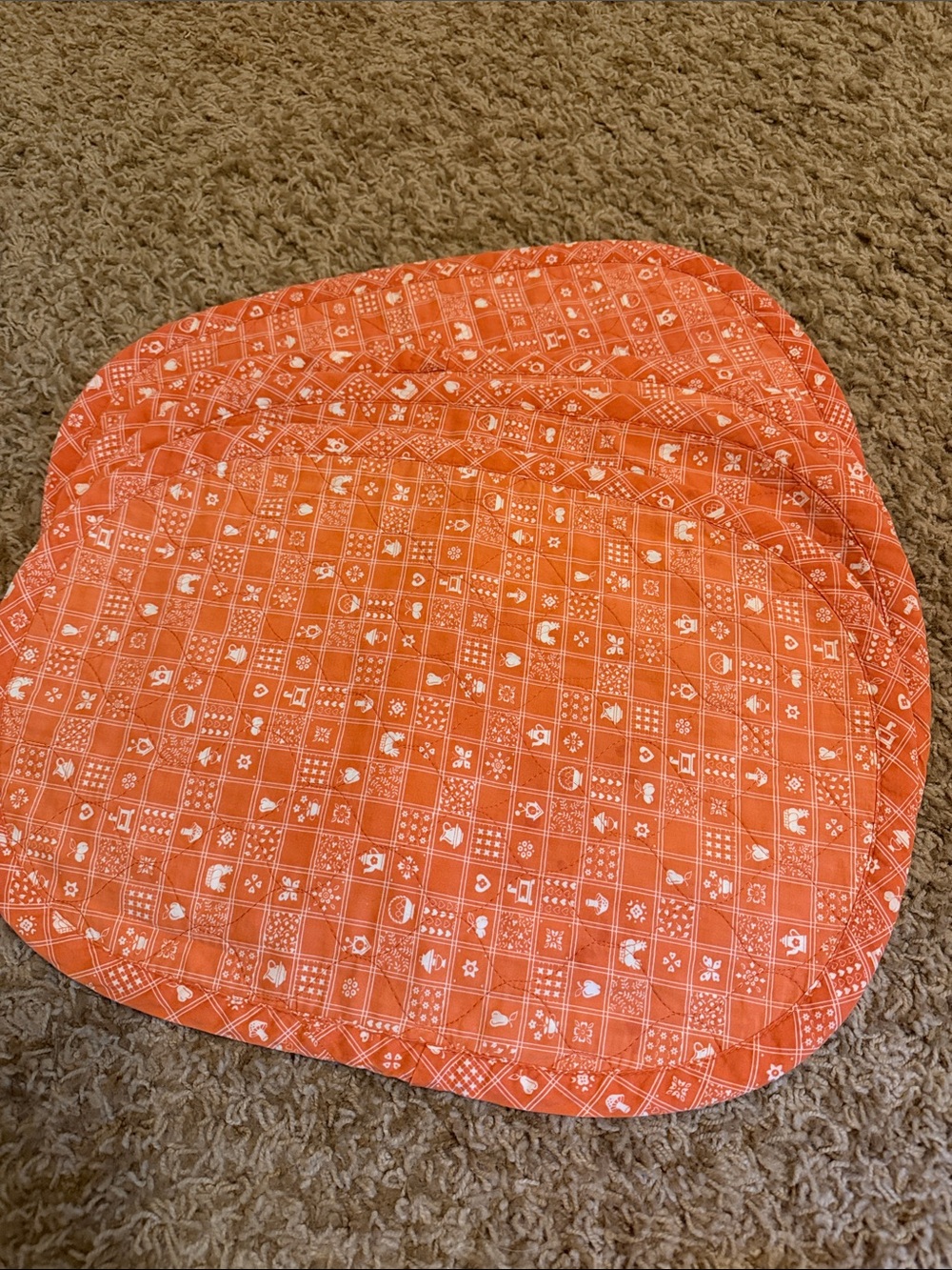 Vintage Quilted Placemats Set of 4 Reversible Orange Calico Patchwork 70s